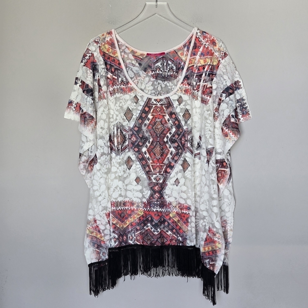 Western Boho Lightweight Poncho Top Swim Beach Coverup with Fringe O/S